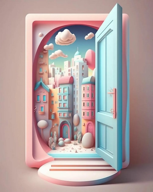 A 3d illustration of a door with a city in the background.