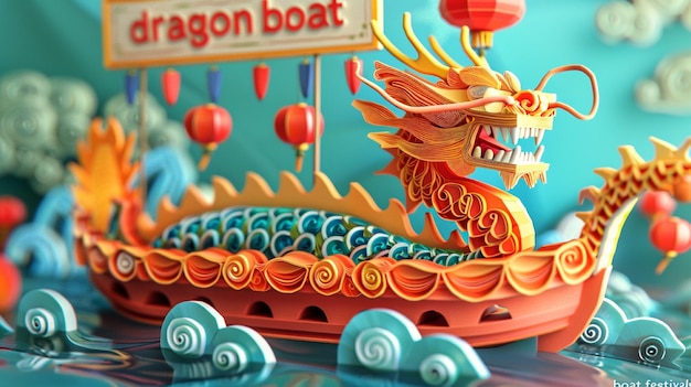 Photo 3d illustration dragon on boat dragon boat festival