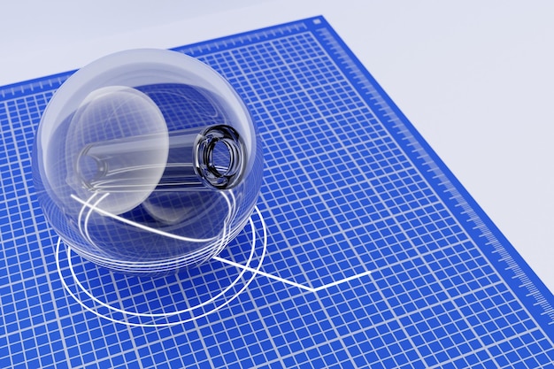 3D illustration drawing of a glass ball with a hole inside on a background of blue millimeter paper