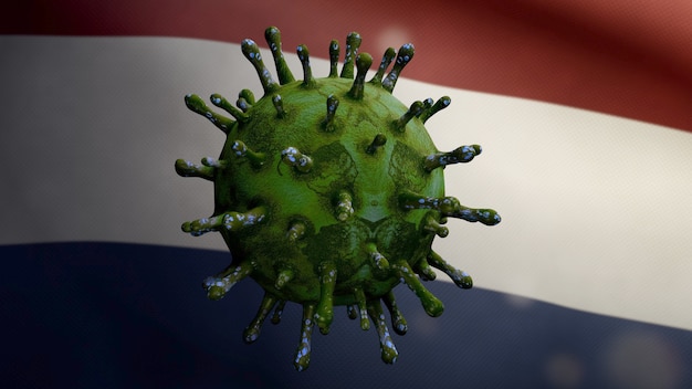 Photo 3d illustration dutch flag waving and coronavirus 2019 ncov concept. asian outbreak in netherlands, coronaviruses influenza as dangerous flu strain cases as a pandemic. microscope virus covid19