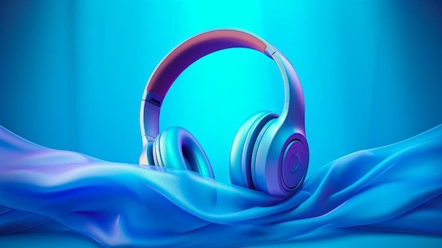 Foto illustrazione 3d di cuffie over ear visualizzate di fronte a un tessuto galleggiante su sfondo blu