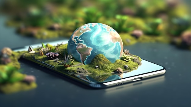 3d illustration of earth globe on smartphone device