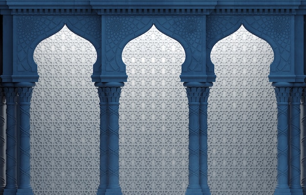 Photo 3d illustration. eastern arch of the mosaic at night . carved architecture and classic columns. indian style. decorative architectural frame .