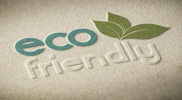 Foto illustrazione 3d di un'etichetta ecologica in rilievo su una trama di carta con effetto sfocato. concetto di prodotti ecocompatibili o conservazione ambientale