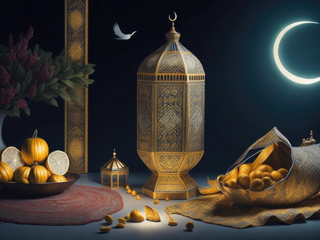 黄金の提灯ランタンと三日月のイード アル アドハー グリーティング カードの 3 d イラストレーション