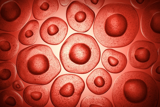 Illustrazione 3d delle cellule staminali embrionali sotto un microscopio, fondo di terapia cellulare.