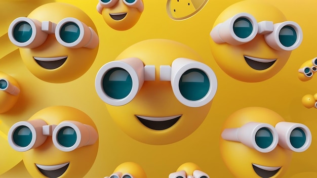 Foto illustrazione 3d di icone emoji con binocoli su sfondo giallo concetto di social media