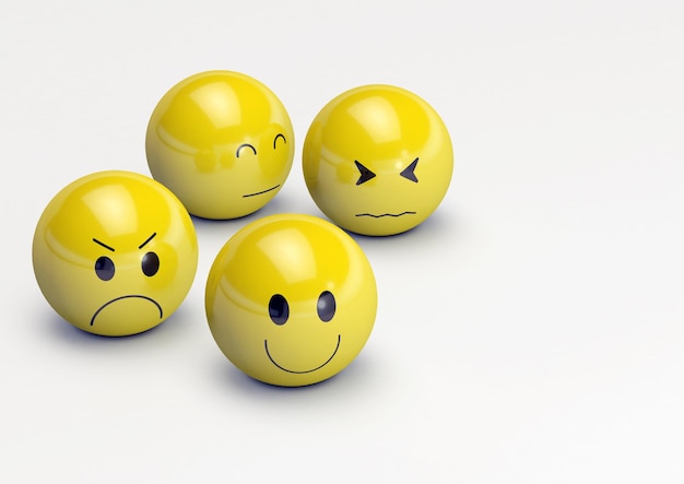 3D illustration of Emoji with facial expressions of Happiness Sadness Fear and Anger