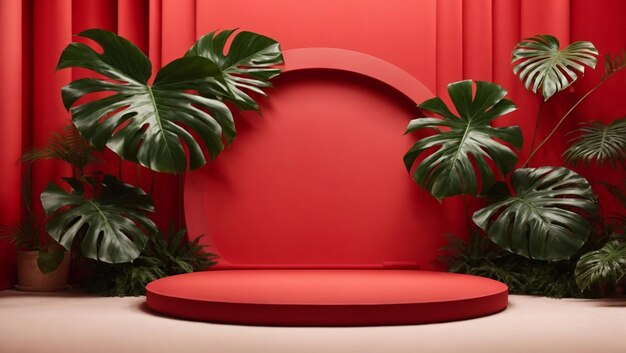 3D illustration empty red podium mockup for design Abstract background of beautiful tropical plants