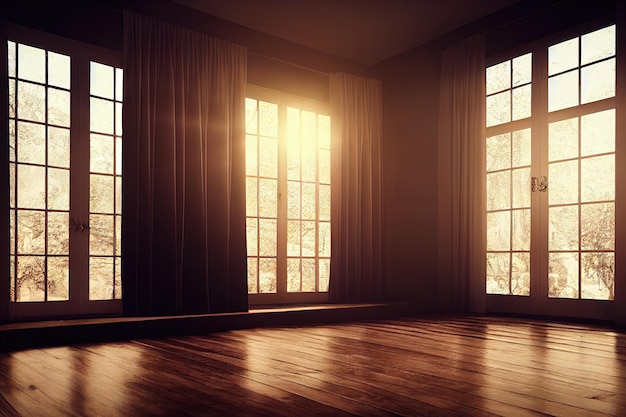 3d illustration of empty room and wood laminate floor with sun\
light from window