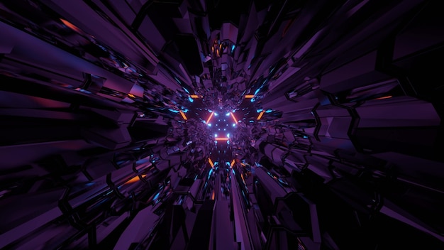 3D illustration of endless dark tunnel with purple lines and neon illumination as abstract background