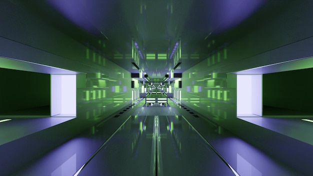 3d illustration of endless futuristic green corridor