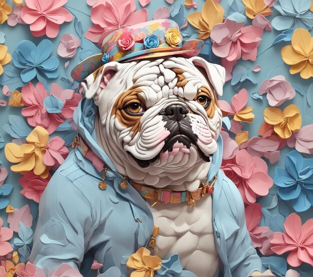 Photo 3d illustration of an english bulldog wearing a hat and flowers