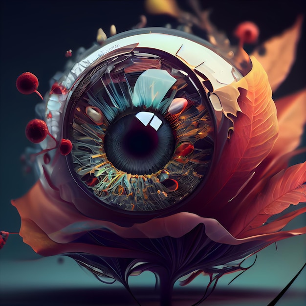 3D illustration of an eye in a glass vase with autumn leaves