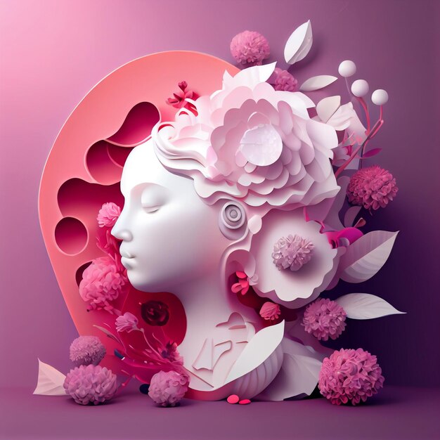 3D иллюстрация лица женщины и цветов