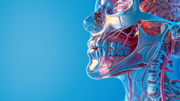 Foto illustrazione 3d dell'anatomia facciale mascella guance naso muscolo-scheletro sistemi nervosi vascolari bella illuminazione professionale