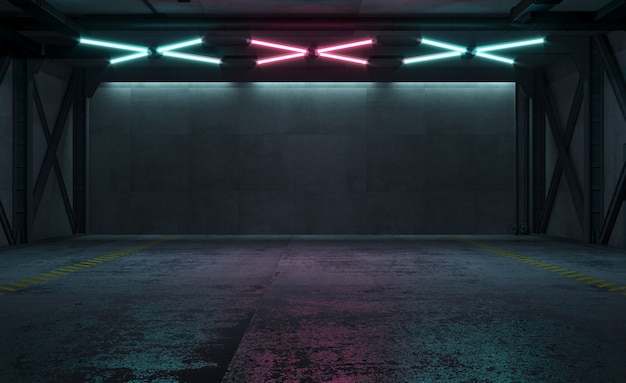 3d illustration of factory room at night with neon lights