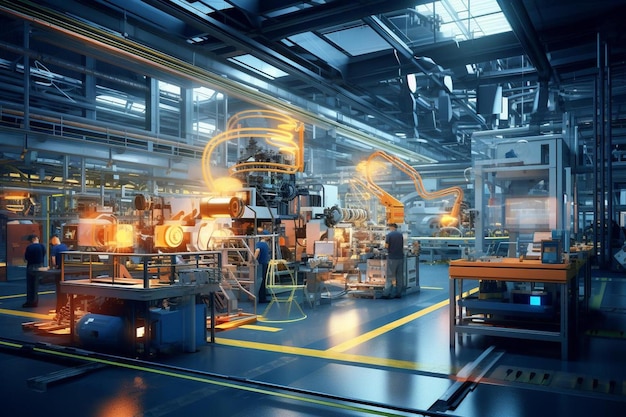 A 3d illustration of a factory with a yellow and blue graphic.