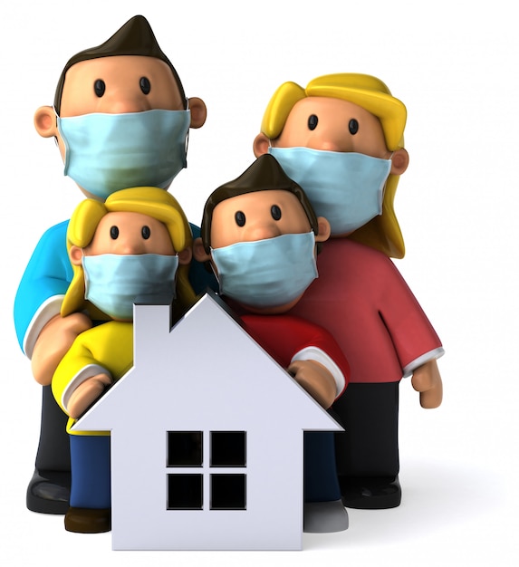 3D Illustration of a family with a mask