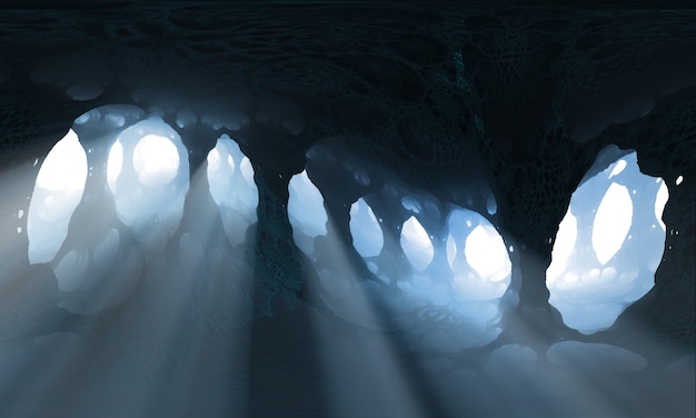 Photo 3d illustration. fantastic cave with columns and passing rays of light between the columns