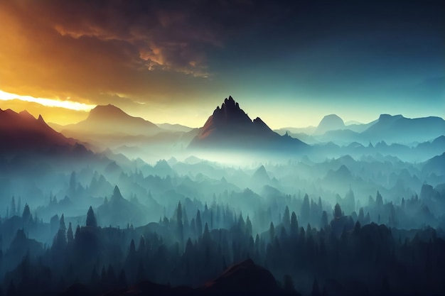 3d illustration of fantastic landscape peaks mountain at sunset