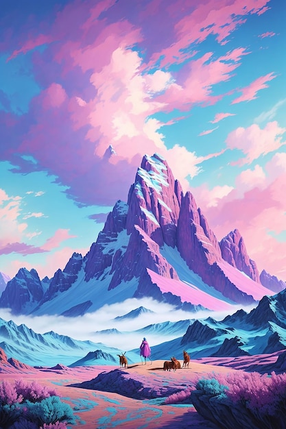 3d illustration of fantastic landscape peaks mountain at sunset