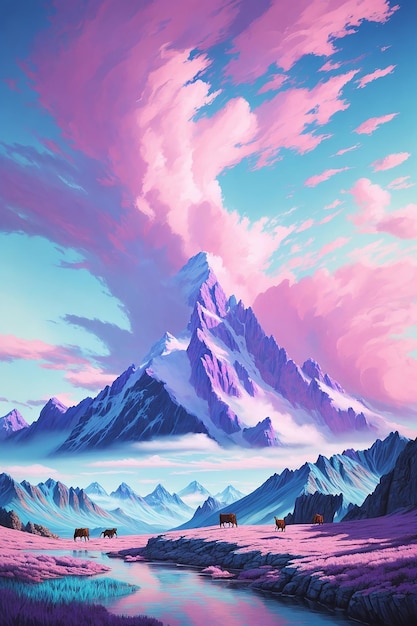 3d illustration of fantastic landscape peaks mountain at sunset