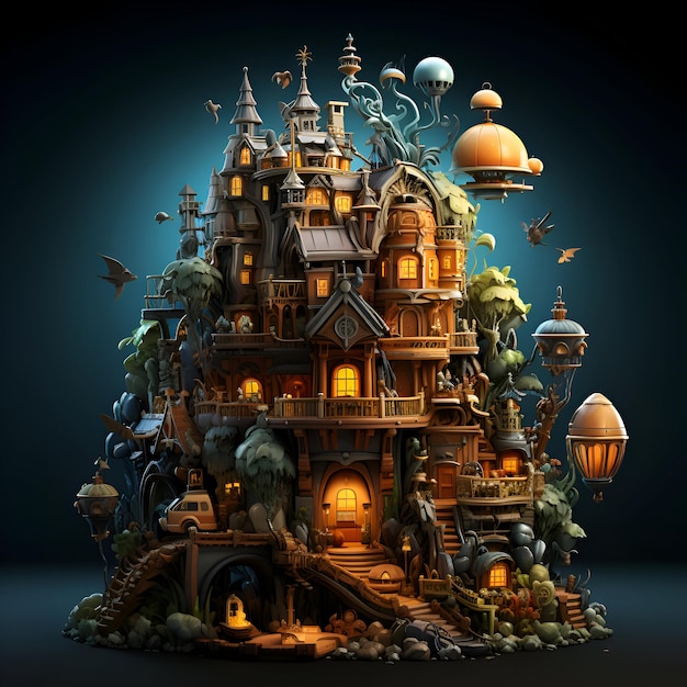 Photo 3d illustration of a fantasy fairy tale castle in the forest