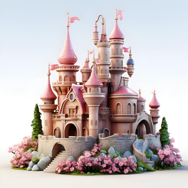 3D Illustration of a Fantasy Fairy Tale Castle with Pink Flowers