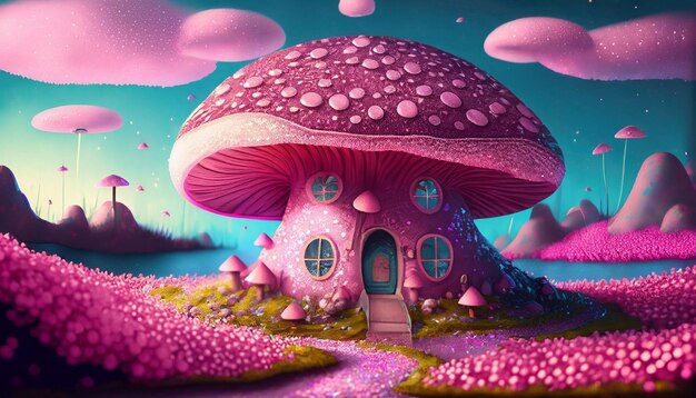 Photo 3d illustration of fantasy house with pink mushroom in the fairy land