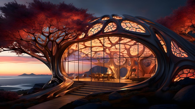 3d illustration of fantasy landscape tree house with a lake in the background