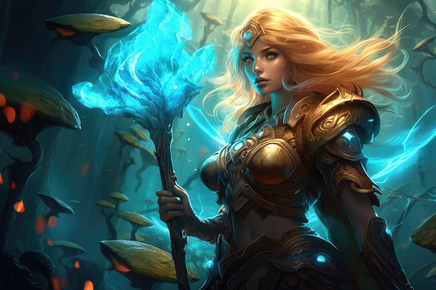 3D illustration of a fantasy woman warrior with a sword in her hands beautiful curvy female elf warrior wearing bright armor and carrying a sword AI Generated