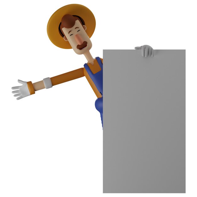 3D illustration Farmer 3D character cartoon standing behind a chalkboard with one arm outstretche