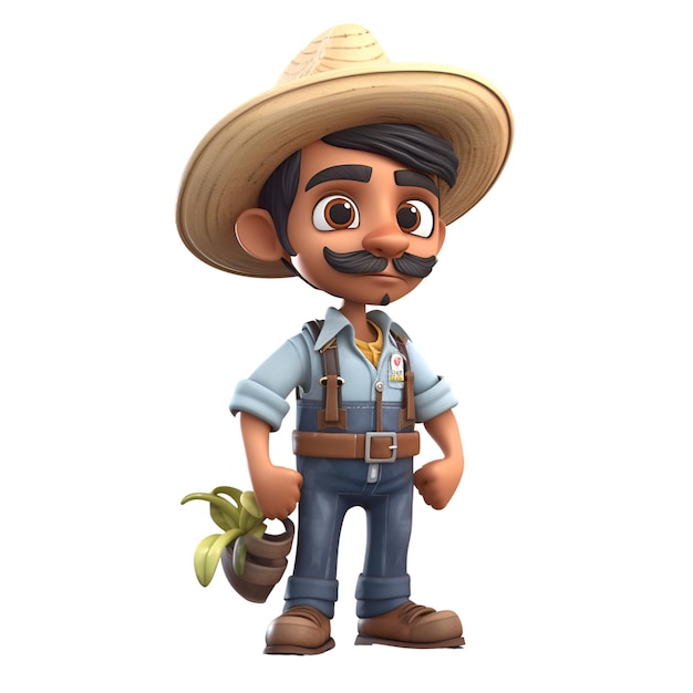 3D illustration of a farmer with a plant on a white background