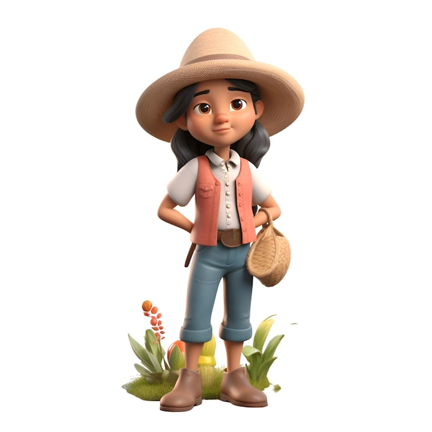 3d illustration of a farmer with a straw hat and a bag