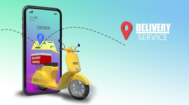 3D Illustration Fast delivery by motorcycle ECommerce Online FoodTaxiConvenience order app