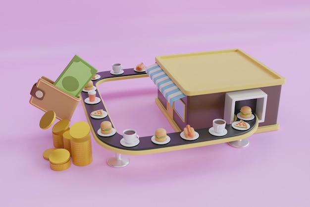 3d illustration of fast food restaurant. fast food order app.\
takeaway food online,