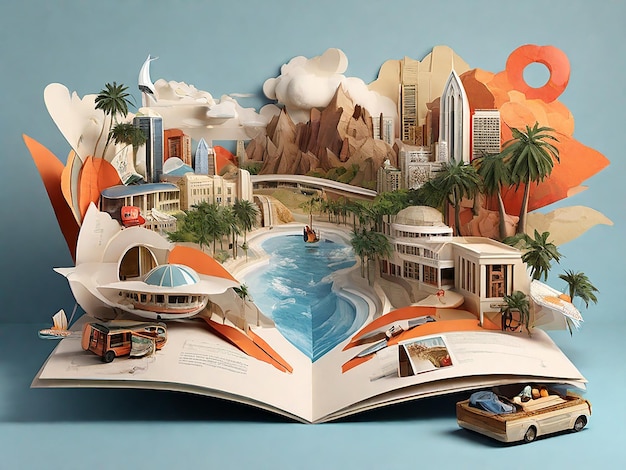 3d illustration featuring A collage of travel photos and brochures representing future destinations