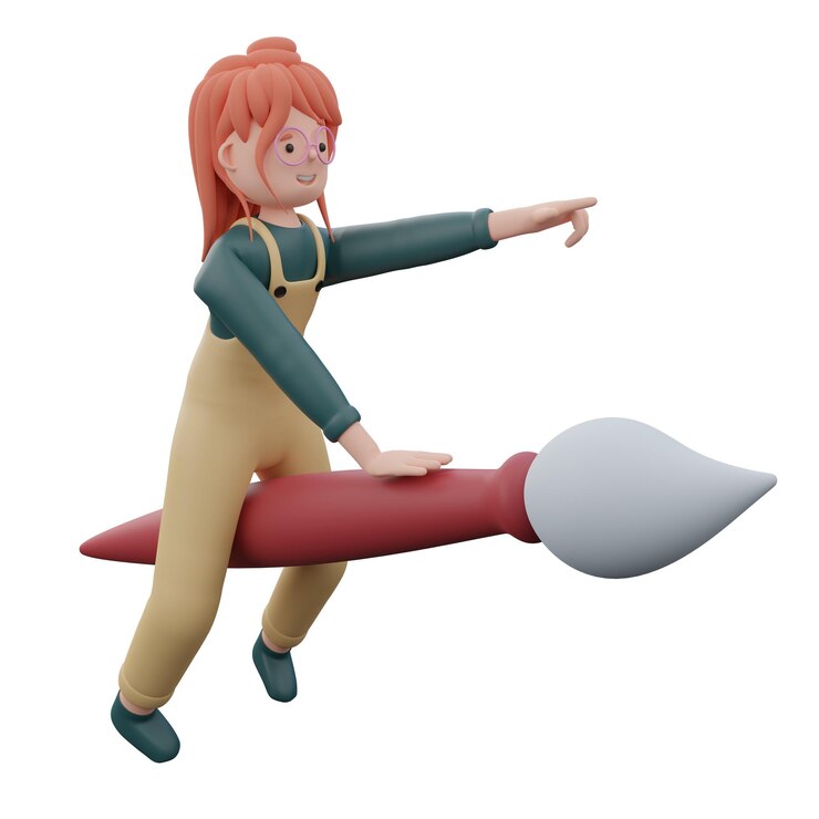 Photo ペイントブラシに座っている女性アーティストの3dイラスト