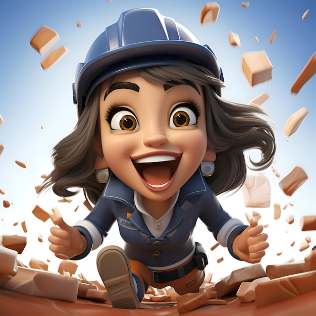 Photo 3d illustration of a female construction worker running away from the ground