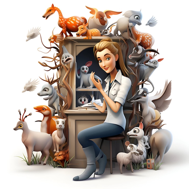 फोटो 3d illustration of a female doctor in front of a cabinet with animals
