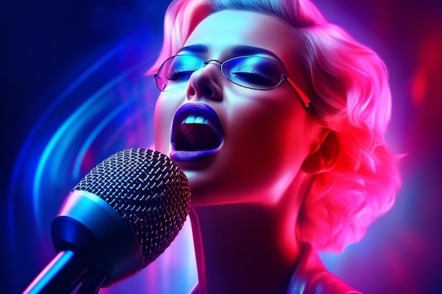 3d illustration of a female face in pink and blue neon light