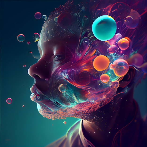 3D Illustration of a Female Face with Colorful Bubbles