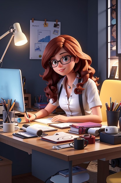 3d illustration of female graphic designer character working on desk