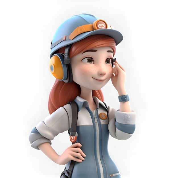 3D Illustration of a female worker with helmet and earphones