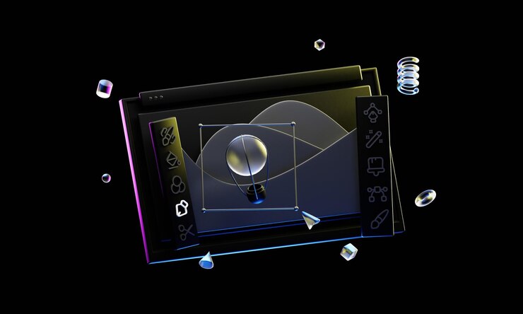 3d illustration Figma, graphic design, graphics tablet, web design, black and white, black bg