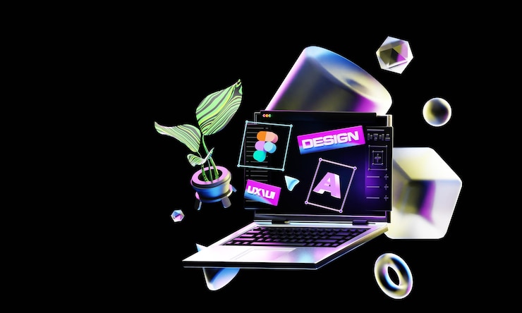 3d illustration Figma,  graphic design, web design, black and white, black background