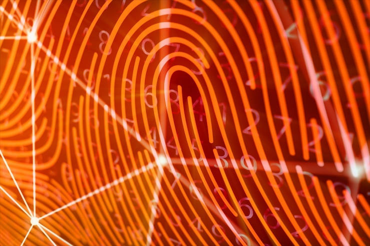 3D illustration Fingerprint scan provides security access with biometrics identification. Concept fingerprint hacking, threat. Finger print with binary code. Concept of digital security.