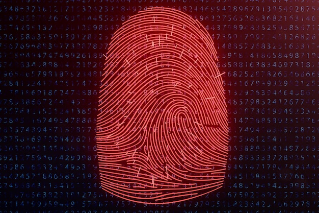 3Dイラスト指紋スキャンは、生体認証によるセキュリティアクセスを提供します。コンセプト指紋ハッキング、脅威。バイナリコードによる指紋。デジタルセキュリティの概念。