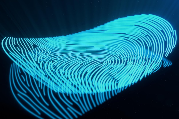 3D illustration Fingerprint scan provides security access with biometrics identification. Concept Fingerprint protection.Curved fingerprint. Concept of digital security.